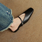 Women's Leather Mary Jane Mules Square Toe Buckled Strap