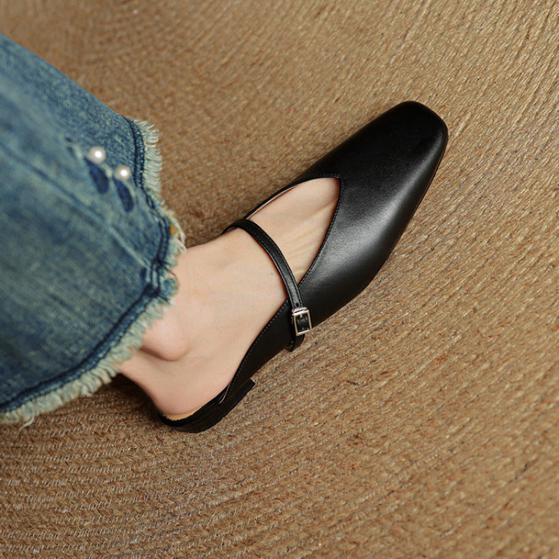 Women's Leather Mary Jane Mules Square Toe Buckled Strap