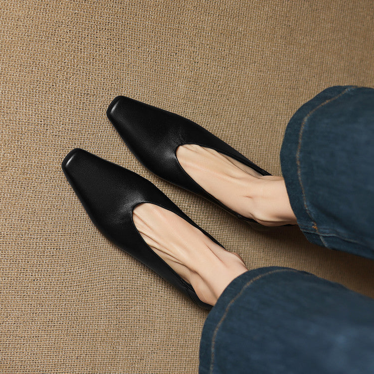 Women's Leather Flats Square Toe Hidden Wedge Slip-On