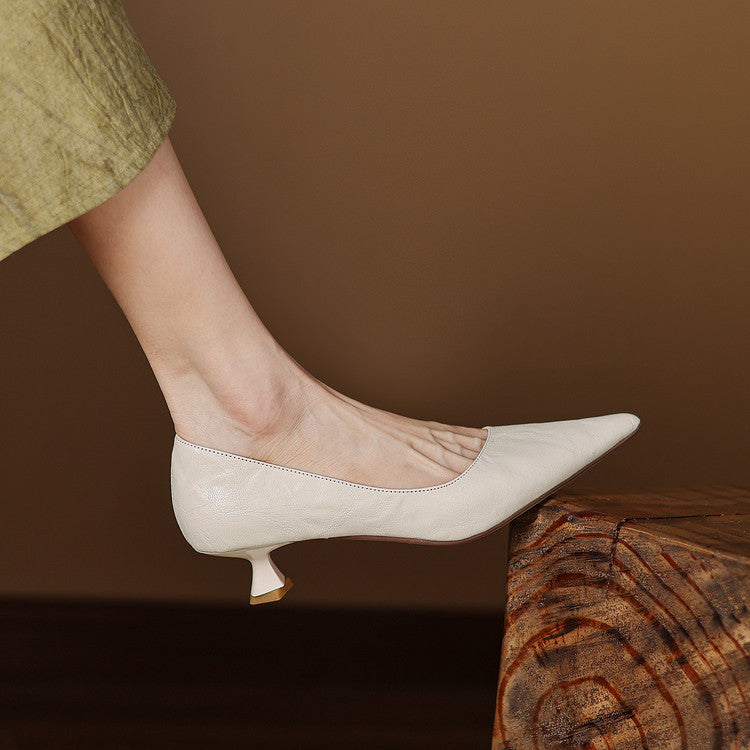 Women's Leather Kitten Heels Pointed Toe Slip-On