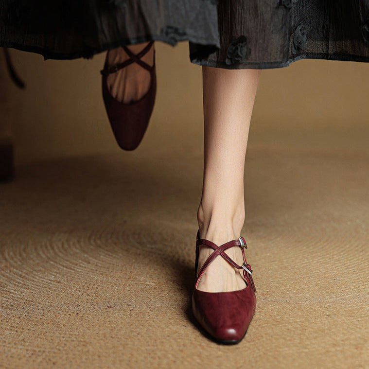 Women's Leather Ballet Flats Almond Toe Cross-Strap Wedge