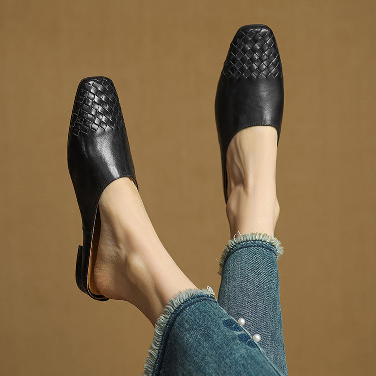 Women's Woven Leather Mules Square Toe Slip-On