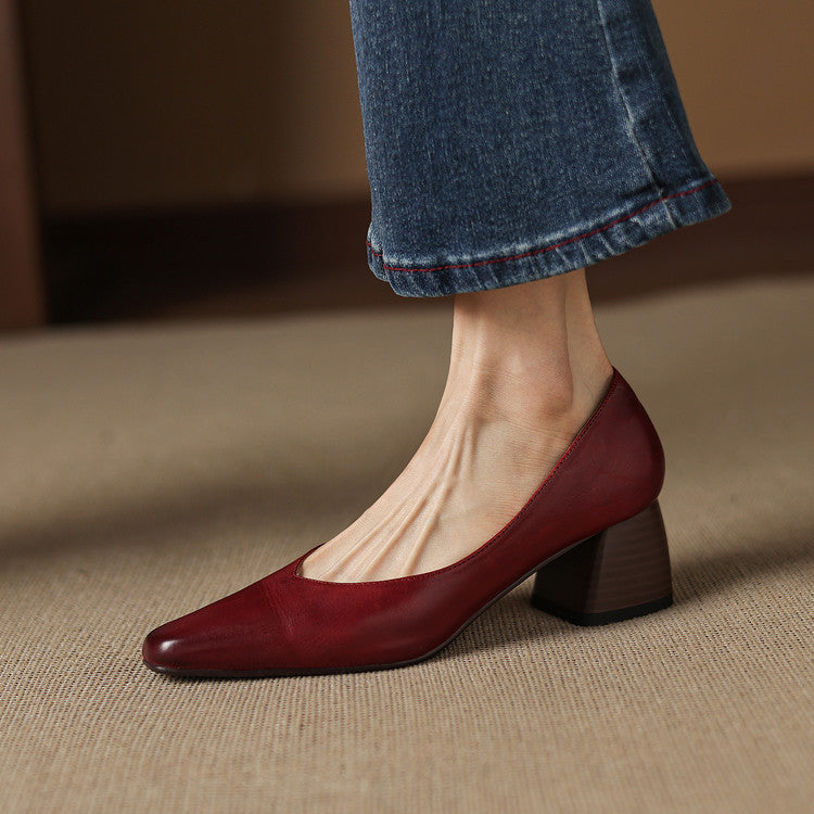 Women's Leather Pumps Sculpted Toe Block Heel Slip-On