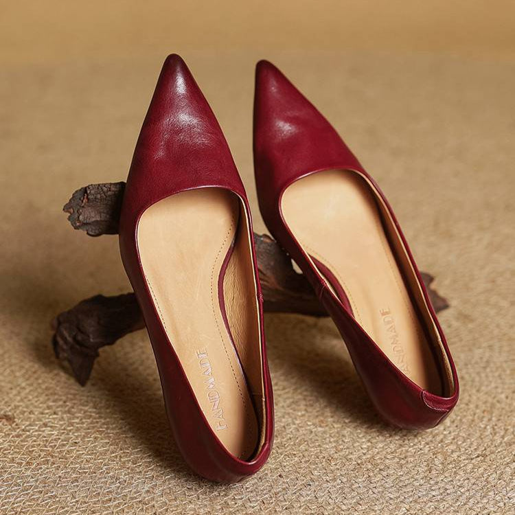 Women's Leather Kitten Heels Pointed Toe Slip-On