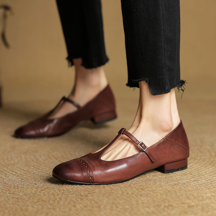 Women's Leather Brogue Flats T-Strap Buckle Lace-Up