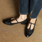 Women's Leather Brogue Flats T-Strap Buckle Lace-Up