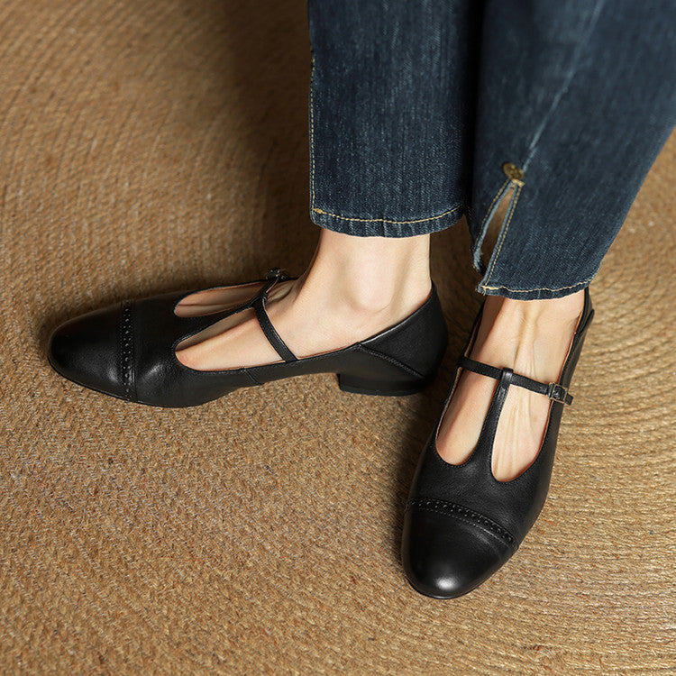 Women's Leather Brogue Flats T-Strap Buckle Lace-Up