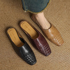 Women's Woven Leather Mules Square Toe Slip-On