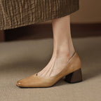 Women's Leather Pumps Sculpted Toe Block Heel Slip-On