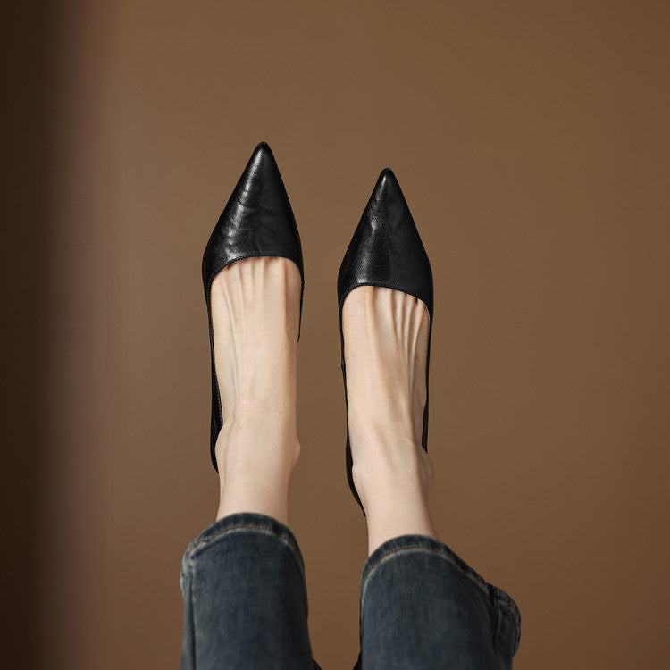 Women's Leather Kitten Heels Pointed Toe Slip-On