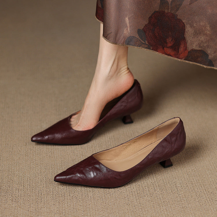 Women's Leather Kitten Heels Pointed Toe Slip-On