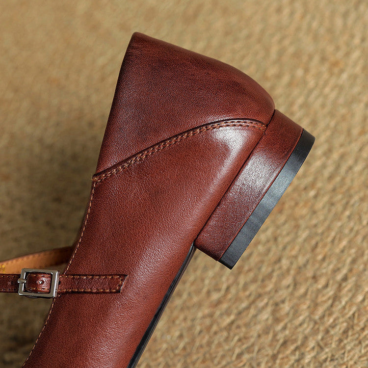 Women's Leather Brogue Flats T-Strap Buckle Lace-Up