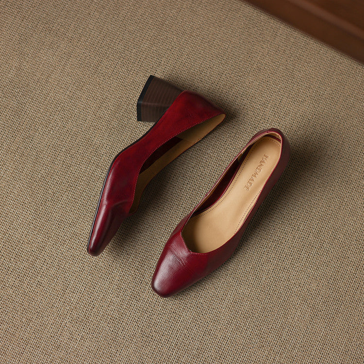 Women's Leather Pumps Sculpted Toe Block Heel Slip-On