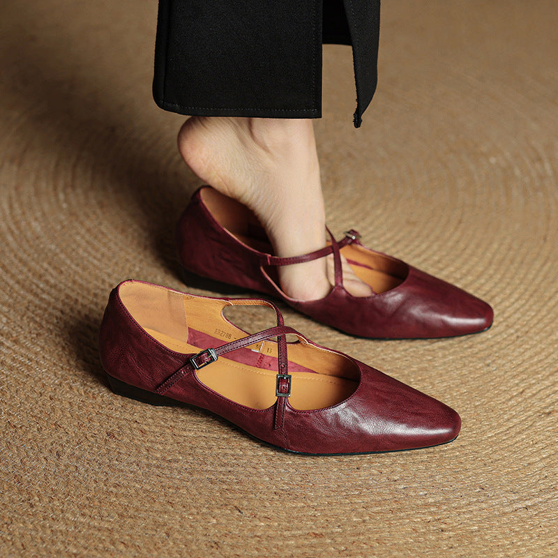 Women's Leather Ballet Flats Almond Toe Cross-Strap Wedge