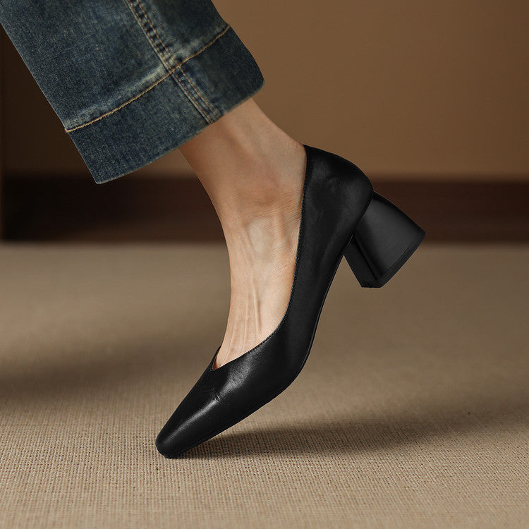 Women's Leather Pumps Sculpted Toe Block Heel Slip-On