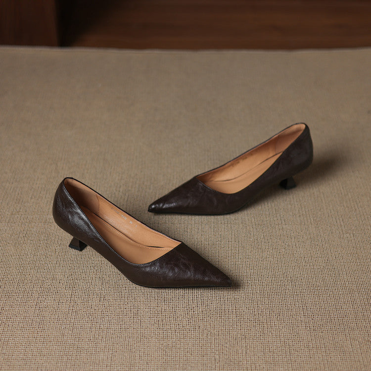 Women's Leather Kitten Heels Pointed Toe Slip-On