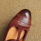 Women's Leather Brogue Flats T-Strap Buckle Lace-Up