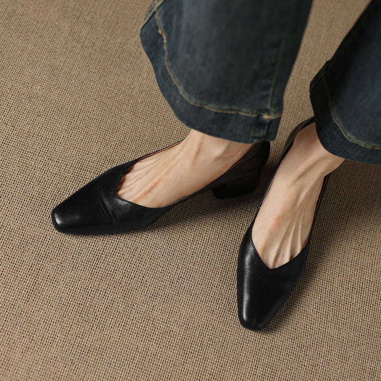 Women's Leather Pumps Sculpted Toe Block Heel Slip-On