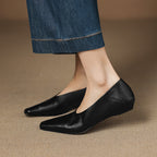Women's Leather Flats Square Toe Hidden Wedge Slip-On
