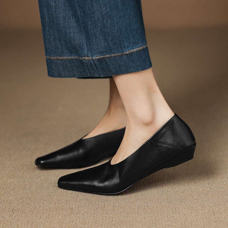 Women's Leather Flats Square Toe Hidden Wedge Slip-On