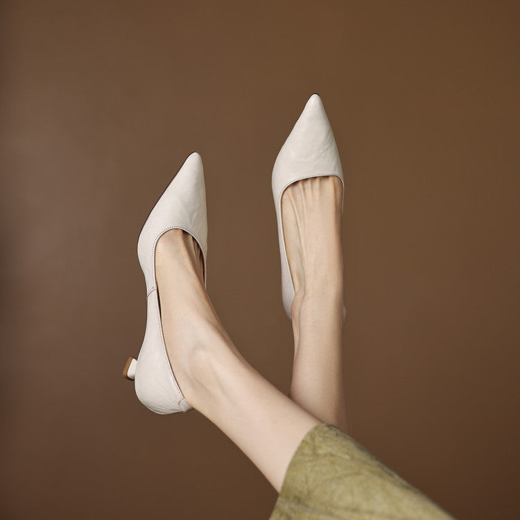 Women's Leather Kitten Heels Pointed Toe Slip-On