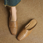 Women's Woven Leather Mules Square Toe Slip-On