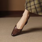 Women's Leather Pumps Sculpted Toe Block Heel Slip-On