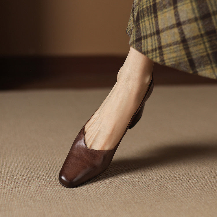 Women's Leather Pumps Sculpted Toe Block Heel Slip-On