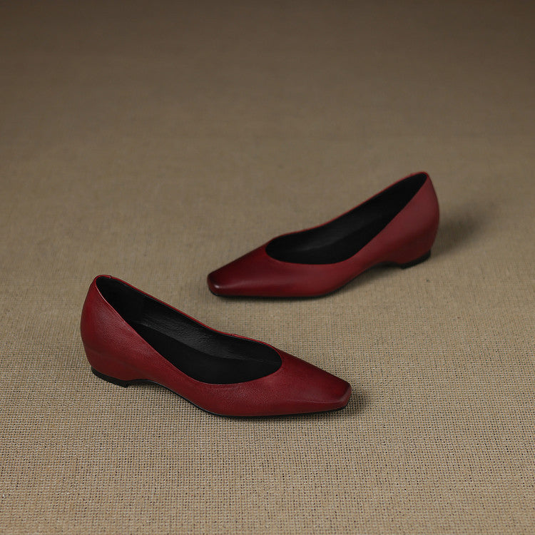 Women's Leather Flats Almond Toe Hidden Wedge Slip-On