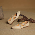 Women's Leather Ballet Flats Almond Toe Cross-Strap Wedge