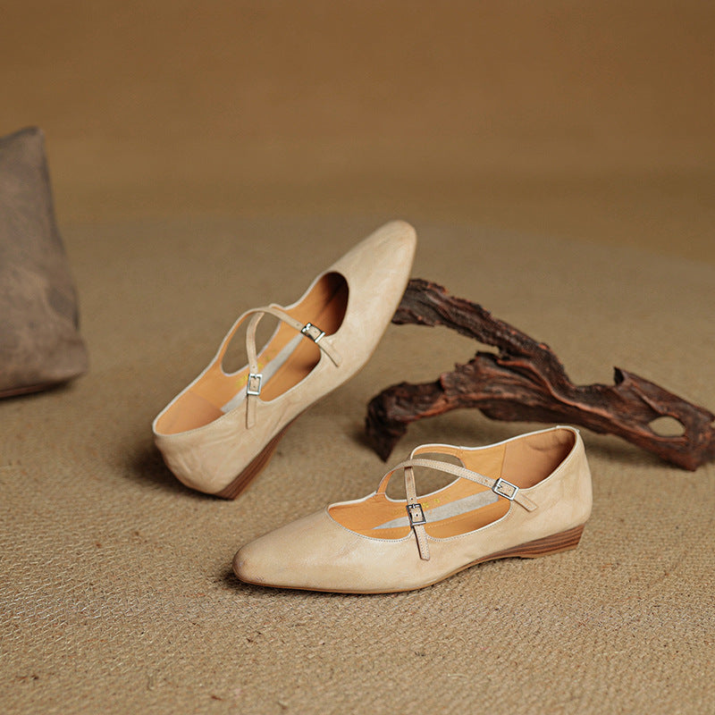 Women's Leather Ballet Flats Almond Toe Cross-Strap Wedge