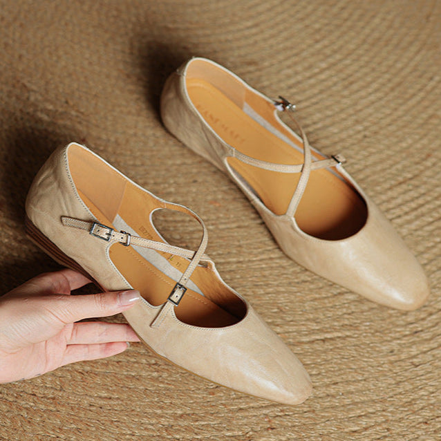 Women's Leather Ballet Flats Almond Toe Cross-Strap Wedge