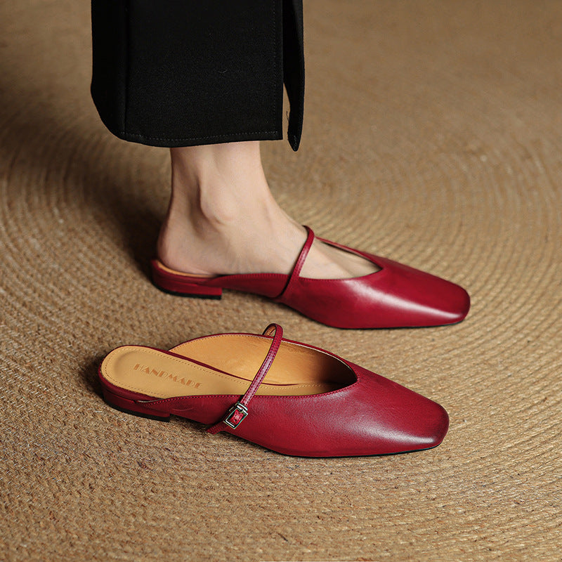 Women's Leather Mary Jane Mules Square Toe Buckled Strap