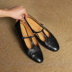 Women's Leather Brogue Flats T-Strap Buckle Lace-Up