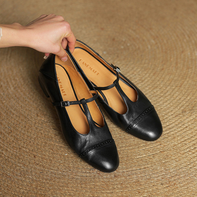 Women's Leather Brogue Flats T-Strap Buckle Lace-Up