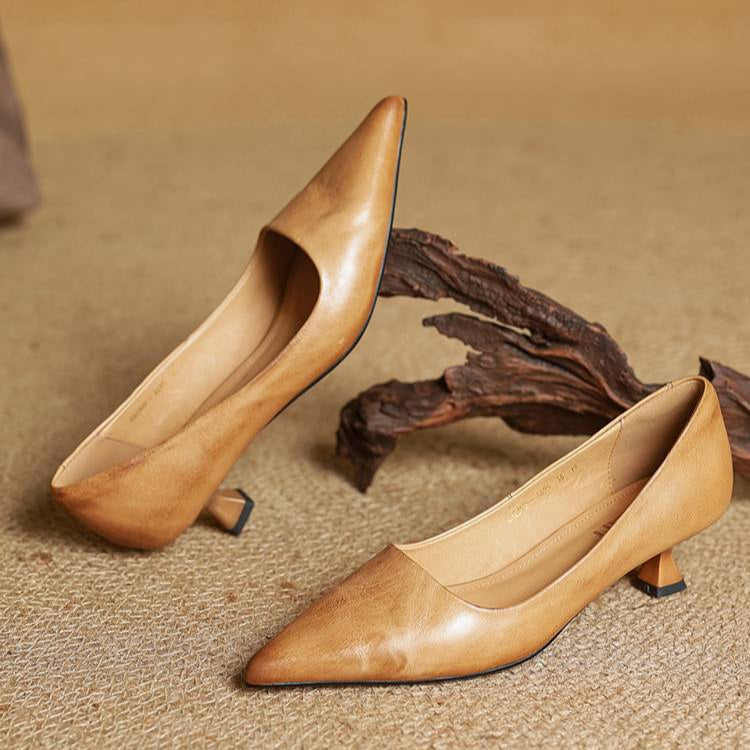 Women's Leather Kitten Heels Pointed Toe Slip-On