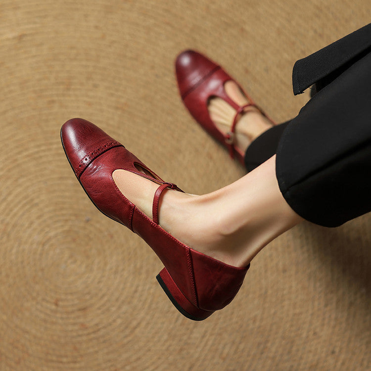 Women's Leather Brogue Flats T-Strap Buckle Lace-Up