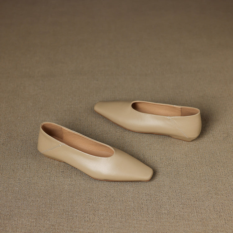 Women's Leather Flats Square Toe Hidden Wedge Slip-On
