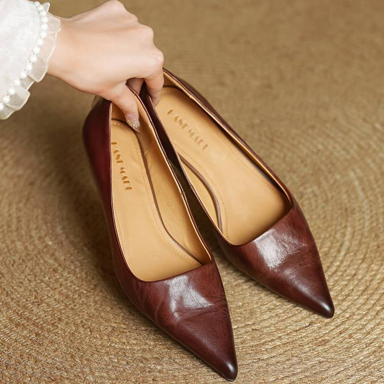 Women's Leather Kitten Heels Pointed Toe Slip-On