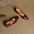 Women's Leather Ballet Flats Almond Toe Cross-Strap Wedge