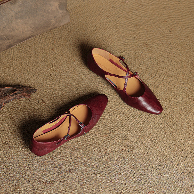 Women's Leather Ballet Flats Almond Toe Cross-Strap Wedge