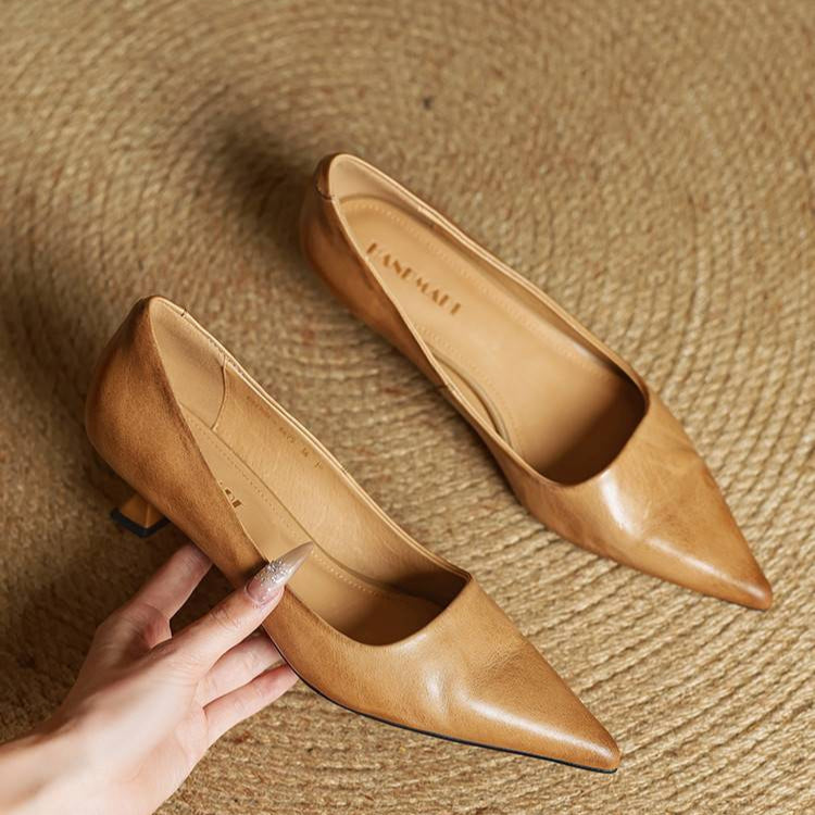 Women's Leather Kitten Heels Pointed Toe Slip-On