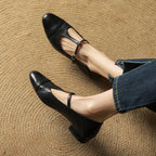 Women's Leather Brogue Flats T-Strap Buckle Lace-Up