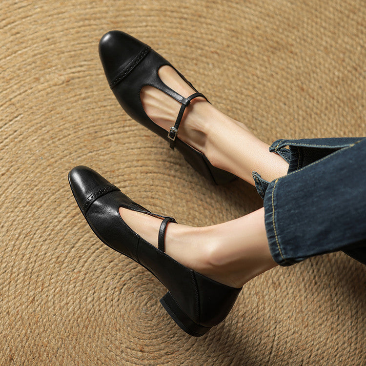 Women's Leather Brogue Flats T-Strap Buckle Lace-Up