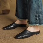 Women's Woven Leather Mules Square Toe Slip-On
