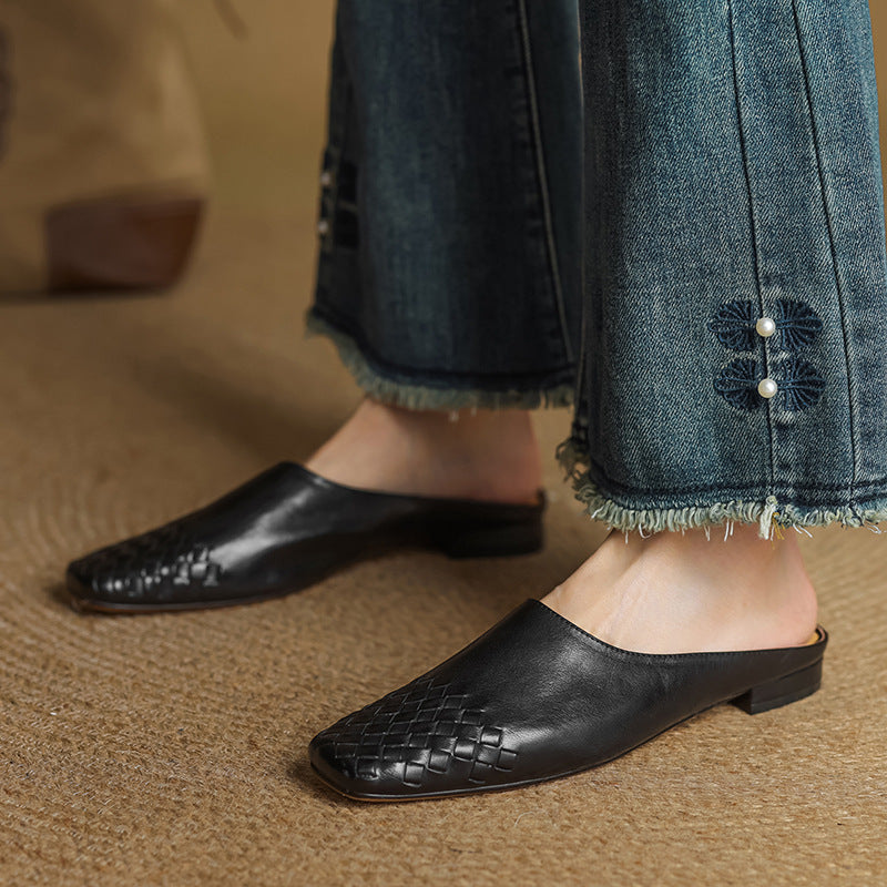 Women's Woven Leather Mules Square Toe Slip-On