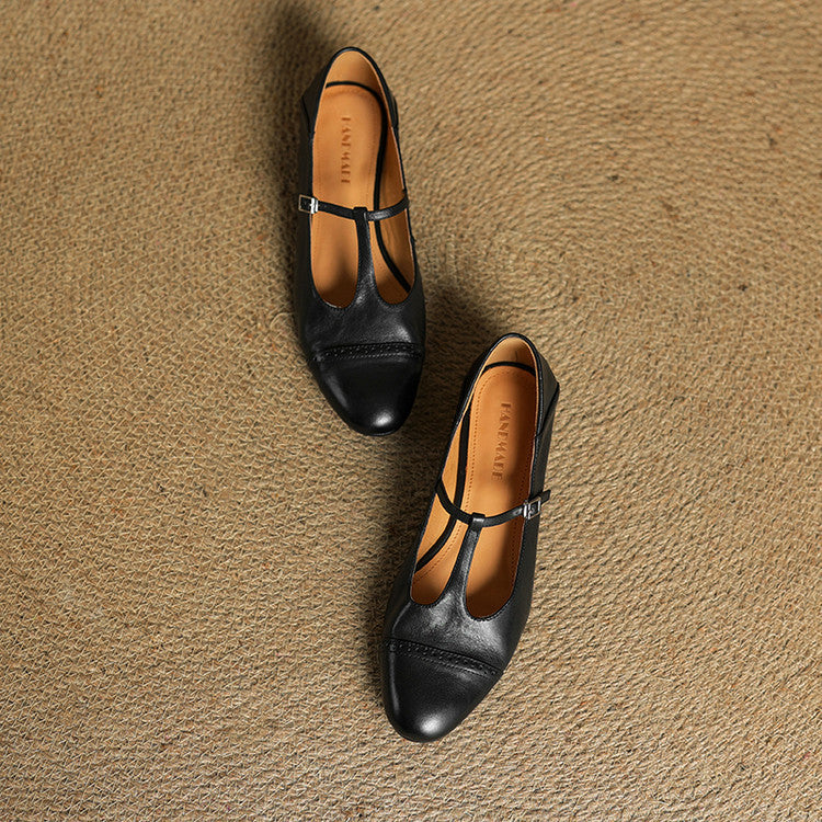 Women's Leather Brogue Flats T-Strap Buckle Lace-Up