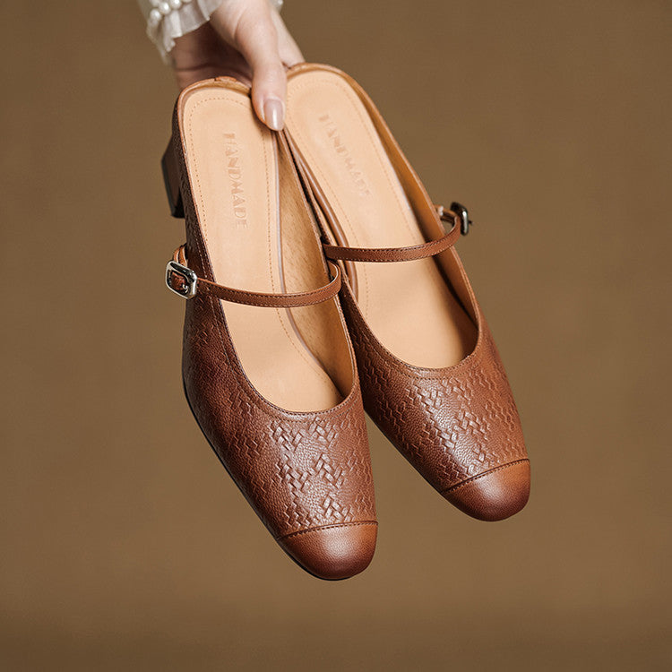 Women's Leather Mary Jane Mules Block Heel Buckled Strap