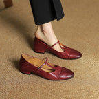 Women's Leather Brogue Flats T-Strap Buckle Lace-Up