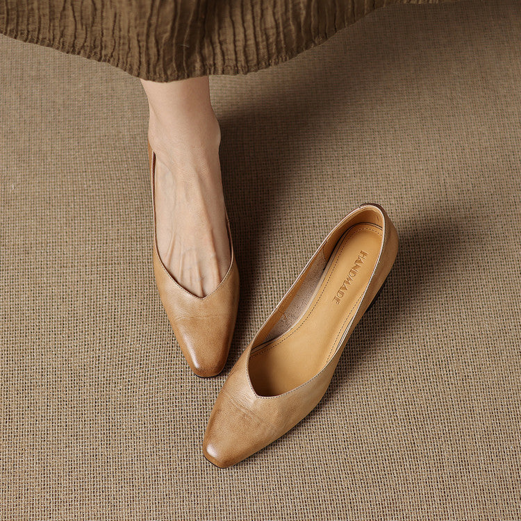 Women's Leather Pumps Sculpted Toe Block Heel Slip-On